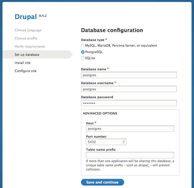 Docker Drupal Postgresql install