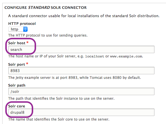 Search API Solr host and core configuration