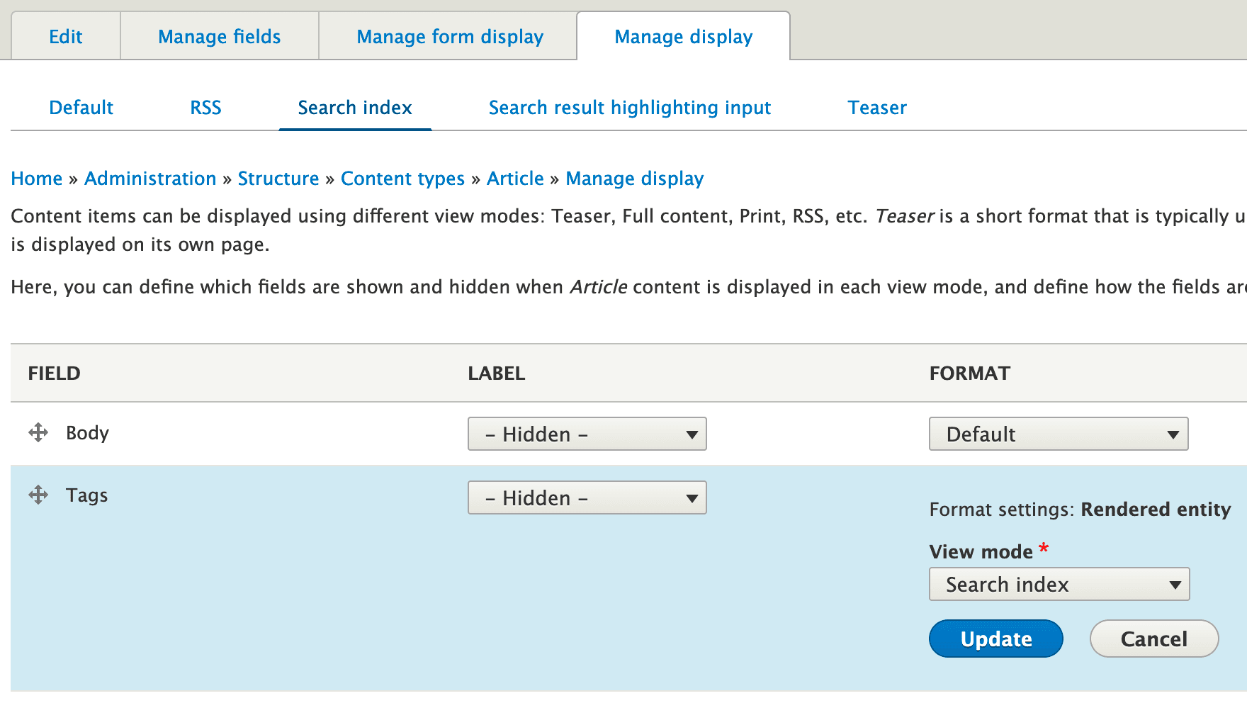 Search index node display