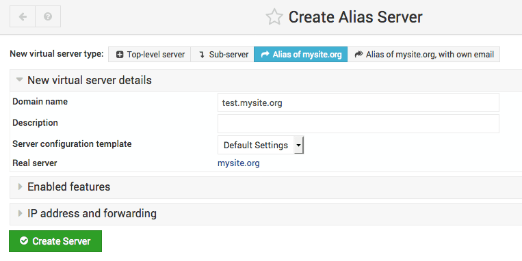 Virtualmin create alias