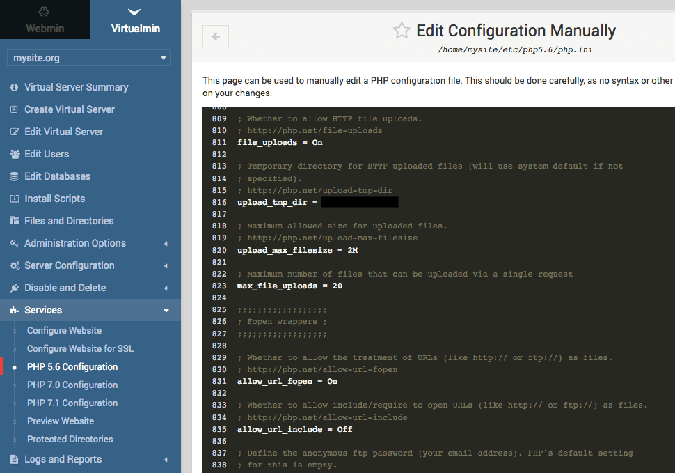 Virtualmin PHP ini