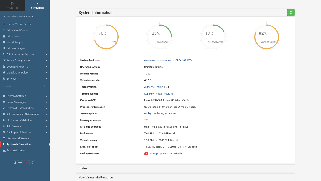 Virtualmin dashboard