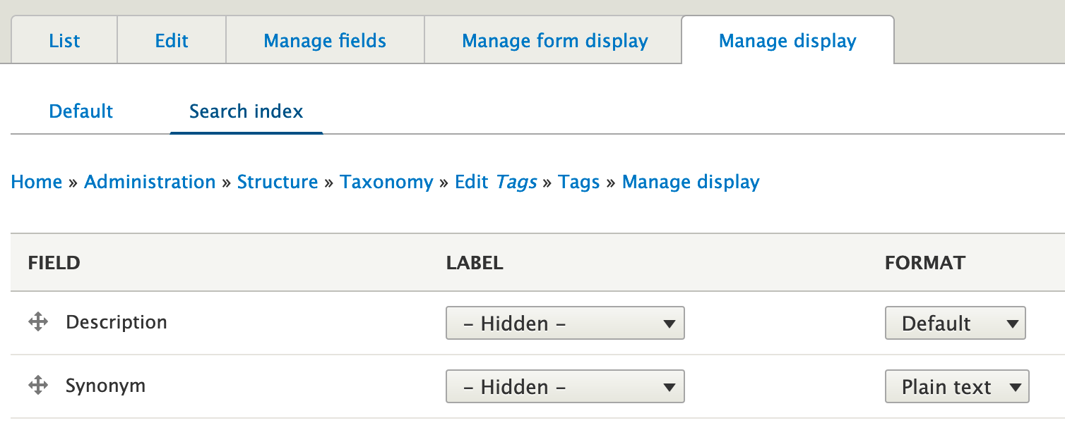 Search index term display