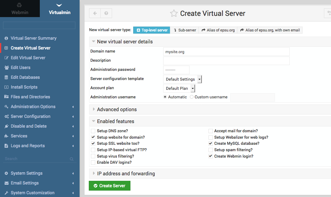 Virtualmin create virtual server